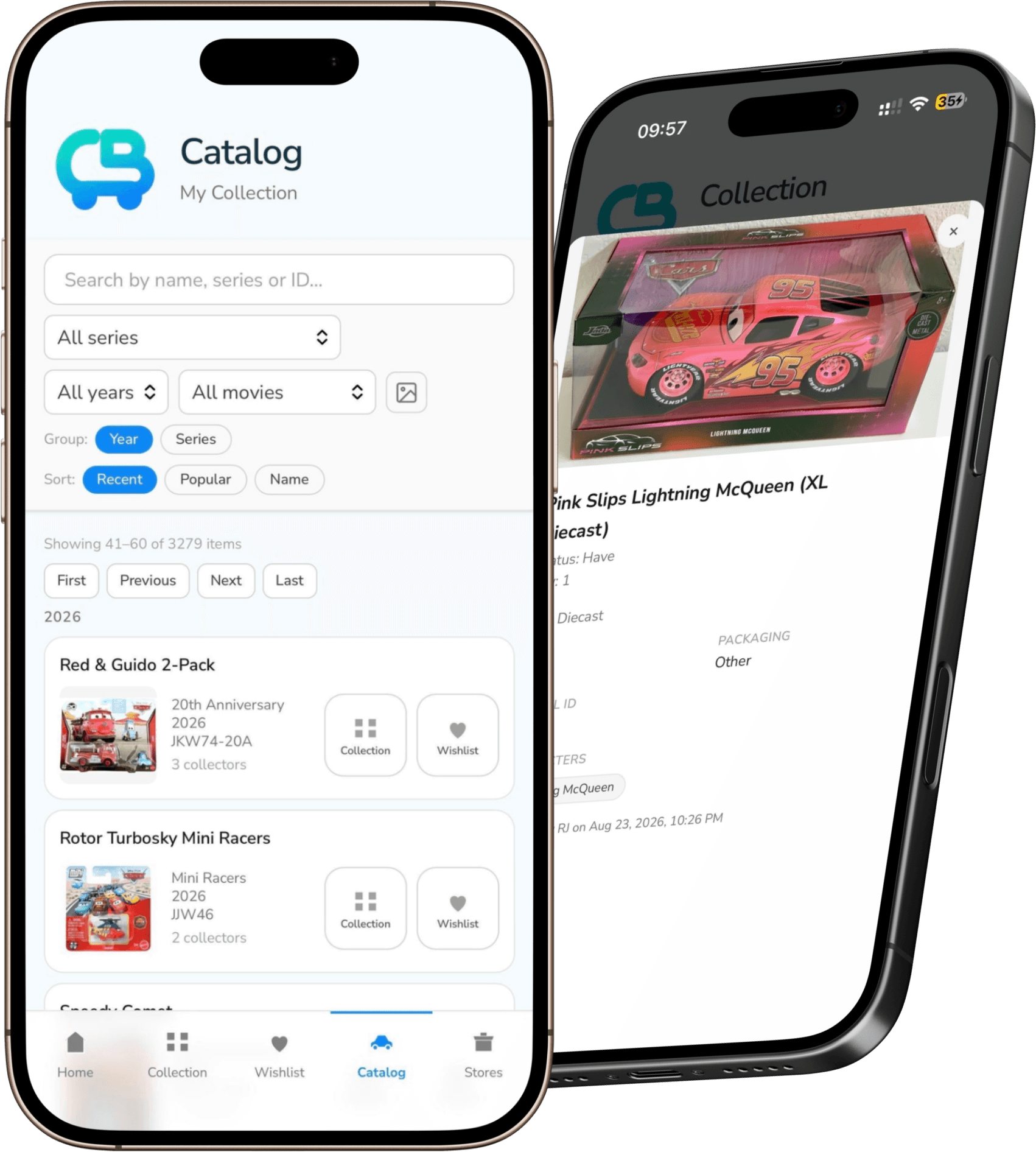 CarzBox collection and car-detail screens on two phones